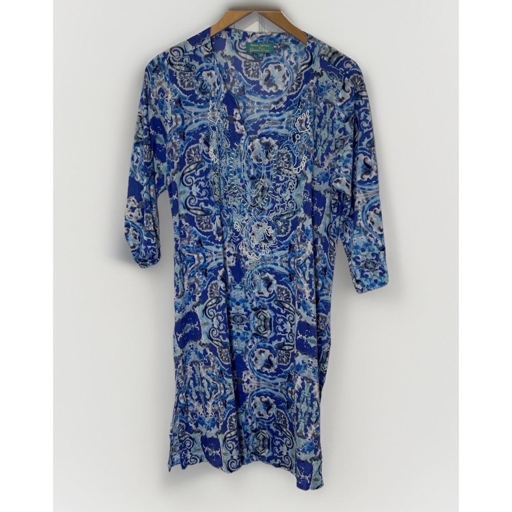 Antica Sartoria Giacomo Cinque Womens Tunic M Blue  Cover Up  Boho Cotton V-Neck